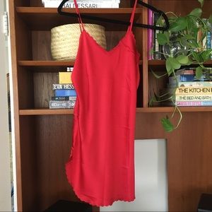 Vintage 1980s red silk slip with scalloped trim